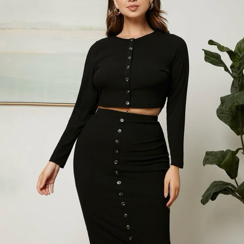 Button Crop Skirt Set